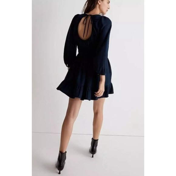 NEW Madewell Sophia Open Back Mini Dress Pockets Blue Balloon Sleeve Boho size L - Picture 2 of 15